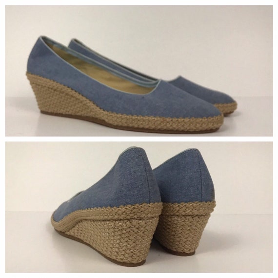 blue canvas wedge shoes
