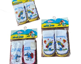 Deadstock 1980s Smurf Slipper Socks Set of 3 / 2 3 4 5 year old Child *