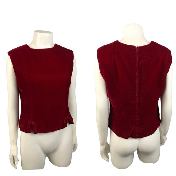 1960s Red Velvet Blouse Top / 60s Sleeveless Crop