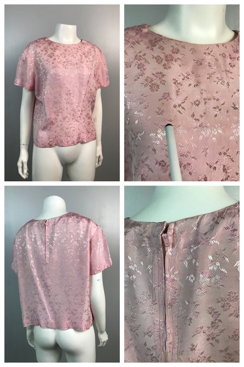 Vintage 1950s 1960s Pink Floral Embroidery Cropped Top Blouse Short Sleeve Women\u2019s Large 50s 60s Pinup Rockabilly Rayon Shirt