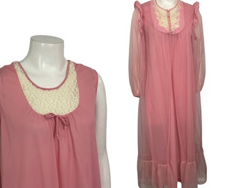 Vintage Pink Lace Ruffled Long Nightgown Lingerie Peignoir Set / Small