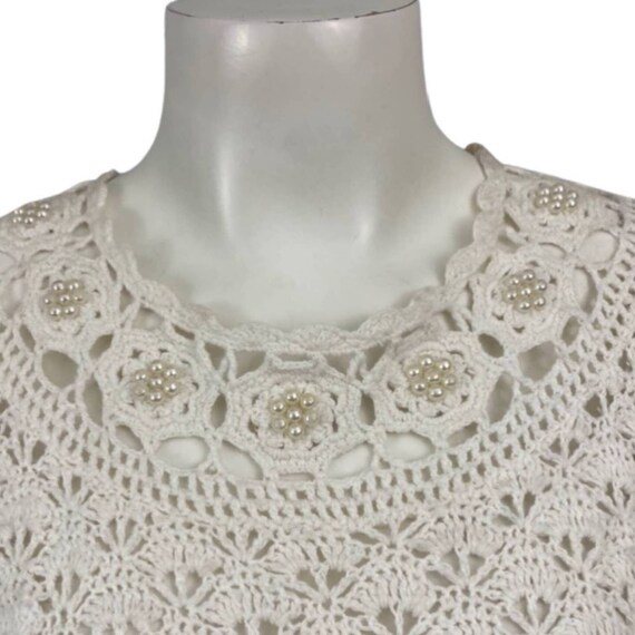 Vintage White Crochet Beaded Knit Sweater Hand Kn… - image 2