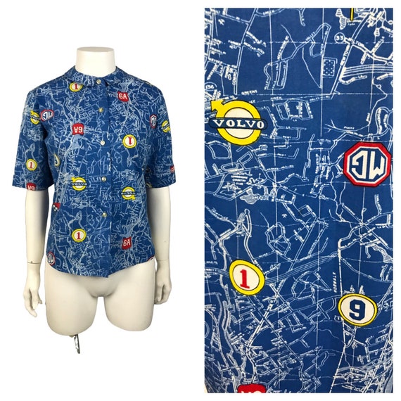 1960s Novelty Print Blouse / 60s MG Volvo Auto Map