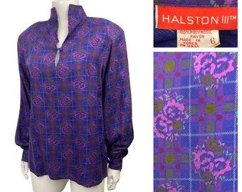 1980s Halston Floral Blouse / 80s Purple Plaid Designer Blouse Keyhole Neck / Women’s S/M