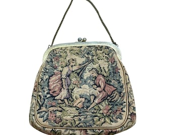 Vintage Tapestry Purse Metal Frame Chain Handle Romantic Scene Handbag -