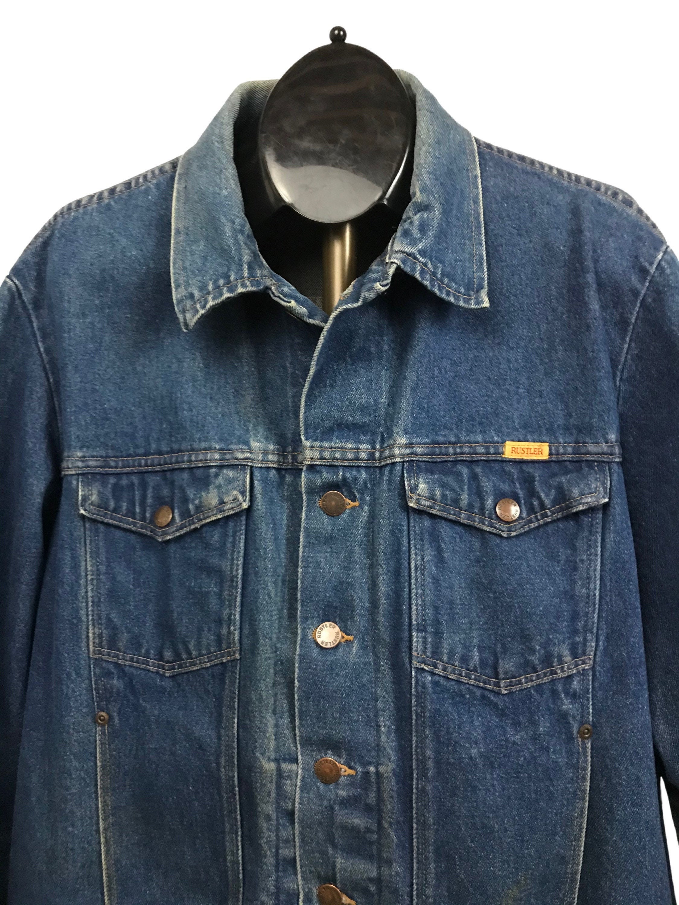 Vintage 70s Denim Blue Jean Jacket With Beer Car Patches Ford Trucker Size  Small