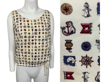 1960s Nautical Novelty Print Sleeveless Cropped Crop Top / Women’s Small *