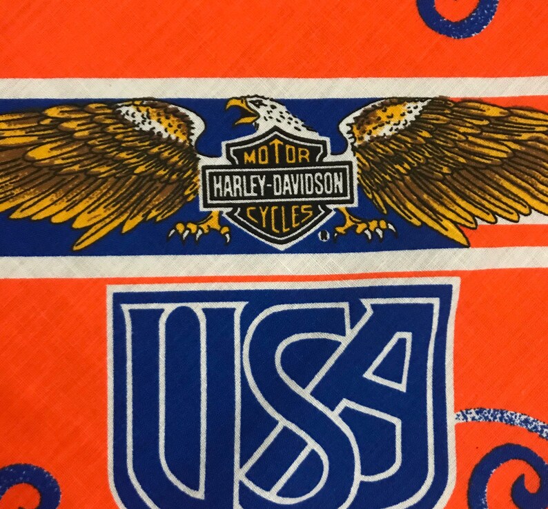 1980s Harley Davidson Bandana 80s Orange Bald Eagle Graphic Bandana Made in USA