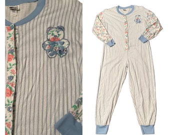 1990s Teddy Bear Stripe Cotton Flannel Pajama Jumpsuit / Women’s Large *