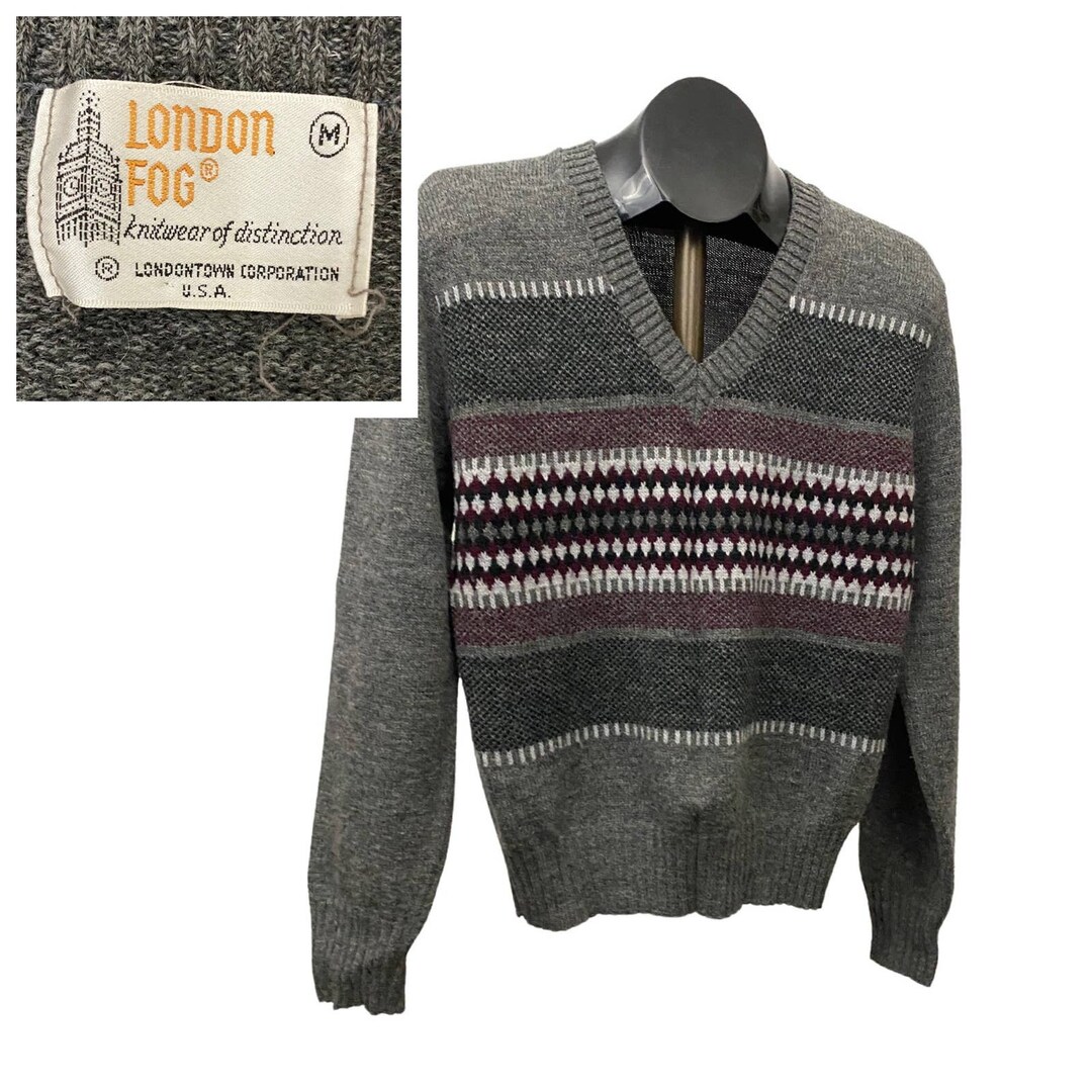 1990s London Fog V Neck Stripe Geometric Pullover Sweater