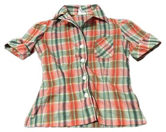 1970s Pink and Green Plaid Button Up Blouse shirt / medium