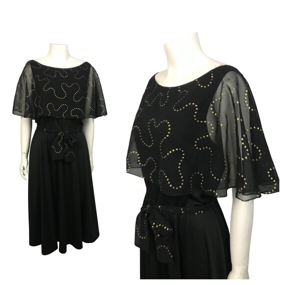 1970s Black Dress / 70s Disco Sheer Flutter Sleeve
