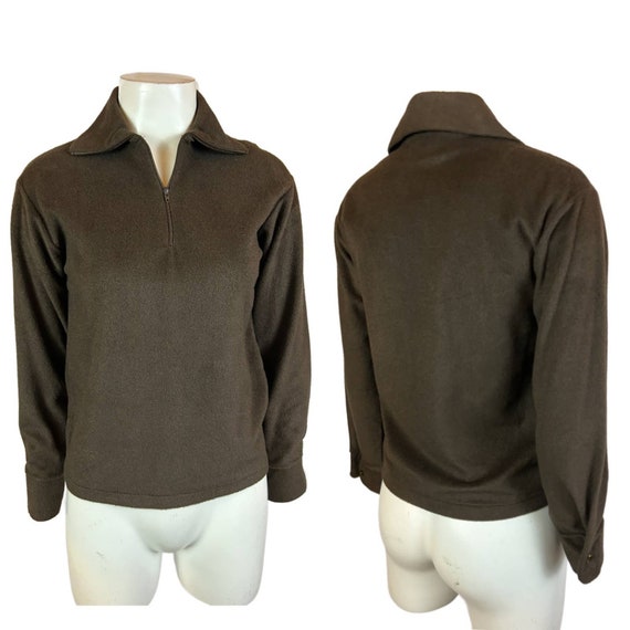 1970s Brown Velour Quarter Zip Cropped Top Fitted… - image 3