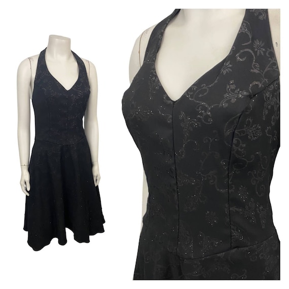 1990s Black Fit and Flare Halter Top Short Party … - image 1