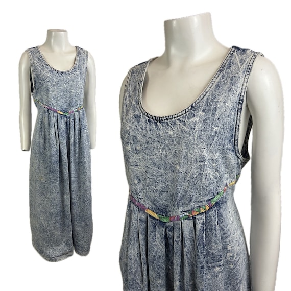 Vintage Acid Wash Sleeveless Denim Dress Tie Back… - image 1