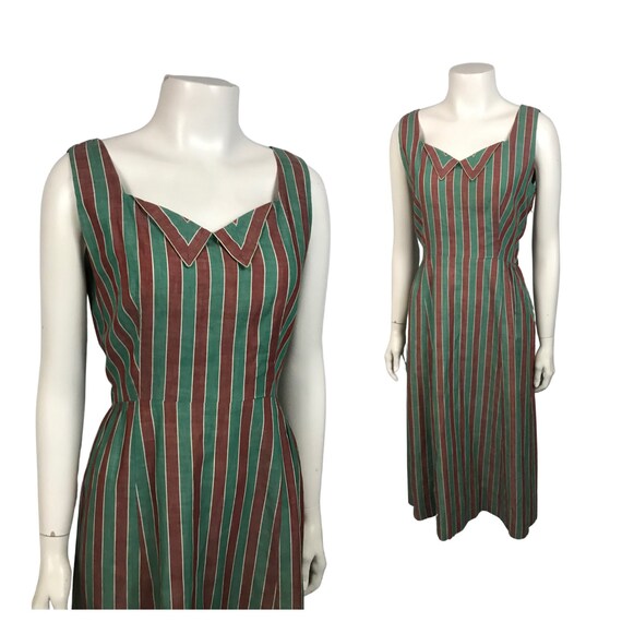1950s Sleeveless Dress / Green Stripe Cotton Wiggl