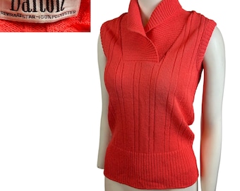 1970s Coral Pink Shawl Collar Sleeveless Sweater Top By Dalton / S/M*