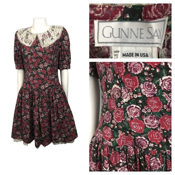 1980s Gunne Sax Dress / Cotton Rose Floral Print P