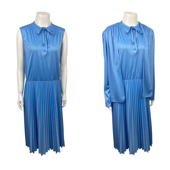 1970s Blue Sleeveless Dress Set / Pleated Dress w… - image 1