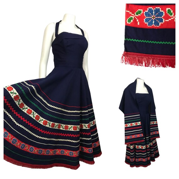 1950s Halter Top Dress / 50s Navy Stripe Floral Co