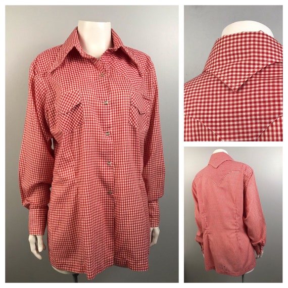 1960s Western Shirt / 60s Gingham Checked Button U