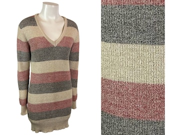 1980s Metallic Stripe Acrylic Knit Mini Sweater Dress / Women’s Medium *
