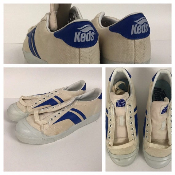 1980s Keds White Tennis Shoes / Lace Up Blue & Whi