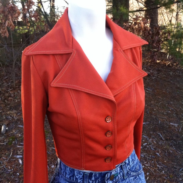 Vintage 1970s Burnt Orange Cropped Button Up Blouse Jacket  Glam Resort Wear Medium
