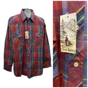 1980s NWT Plaid Checked Button Up Western Shirt Unworn / Men’s Large