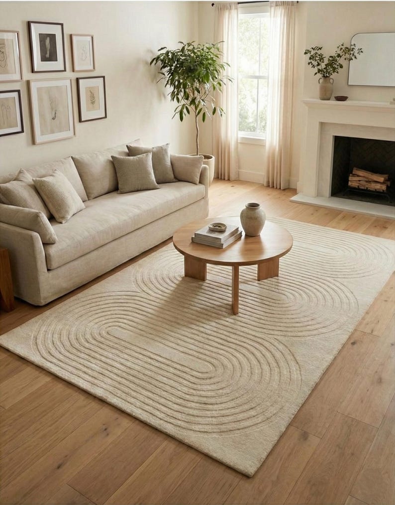 Hand tufted neutral wool rug in 8x10 size featuring a modern curved line pattern, styled in a bright minimalist living room. The beige and cream tones blend beautifully with a fabric sofa, wooden round coffee table, wall art, indoor plant, and fireplace. Thick plush texture offers softness and luxury, making it ideal for contemporary, Scandinavian, or Japandi interiors. Perfect large area rug for lounge, family room, or cozy apartment decor.
