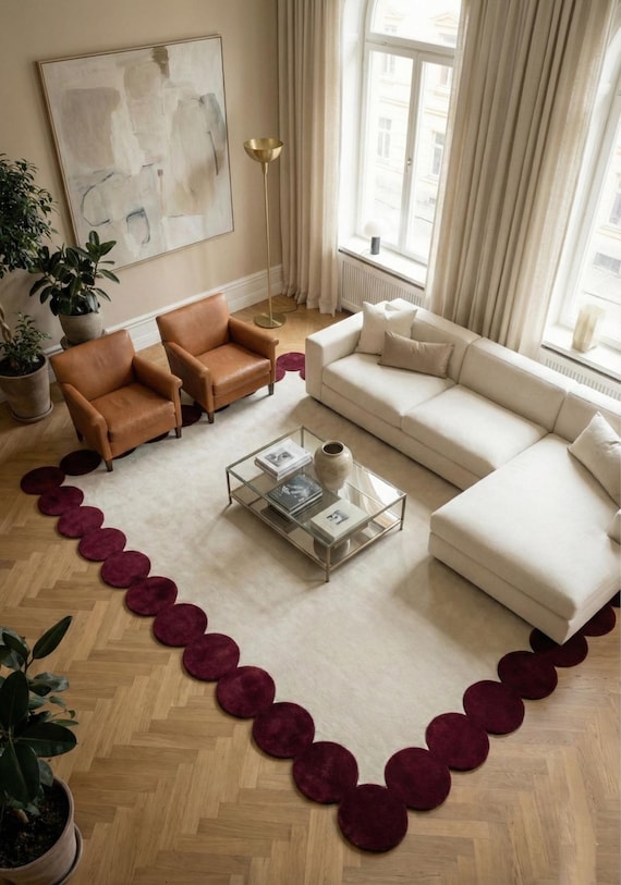 8x10 ft Modern Burgundy Scalloped Edge Hand Tufted Rug, Cream Area Rug, Contemporary Living Room Carpet, Custom Size