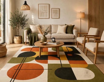 Modern Abstract Hand Tufted Rug, Geometric Area Rug, Earth Tone Living Room Carpet, Mid Century Modern Rug, 5x8 6x9 8x10 9x12 ft