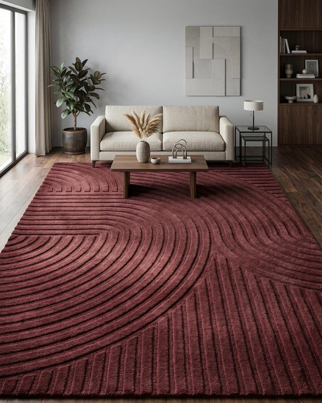 Mid Century Modern Hand Tufted Wool Area Rug 8x10, Burgundy Abstract ...