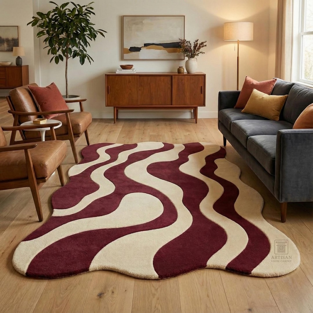 Wool Wave Rug Hand Tufted Wool Wave Rug | Burgundy & Cream Abstract Carpet (5x8 Ft ...