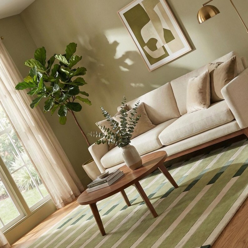 Modern hand tufted wool rug with green stripe pattern styled in a bright living room interior, paired with neutral furniture and natural light. This handmade area rug offers a soft and comfortable feel underfoot, perfect for everyday use. Ideal as a living room rug, bedroom rug, or lounge carpet, available in popular sizes like 5x8, 6x9, and 8x10 feet, including custom size options.