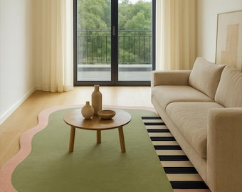 Hand Tufted Rug 5x8 Ft, Olive Green Pink Area Rug, Modern Abstract Rug, Black Stripe Rug, Unique Living Room Decor