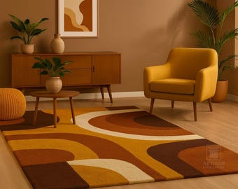 May include: A retro-style area rug with a brown, yellow, and cream color scheme. The rug features a curved, geometric pattern. The room also includes a yellow armchair, wooden furniture, and potted plants, creating a warm, inviting space.