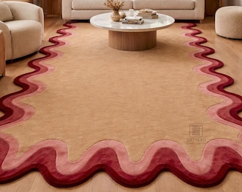 Modern Hand Tufted Wool Area Rug, Wavy Beige Red Border Rug, Rug for Living room , Scalloped rug, Minimalist rug, New Zealand wool rug