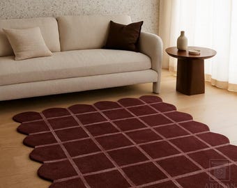 Hand Tufted Wool Area Rug | Burgundy rug, Scalloped rug, Modern Design rug, Minimalist rug, wool area rug, Abstract rug