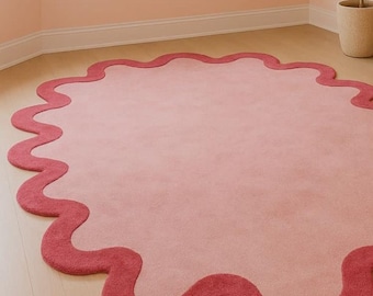 Pink Scalloped Hand Tufted Rug 5x8 ft, Blush Pink Area Rug, Wavy Edge Handmade Carpet, Modern Bedroom Living Room Decor