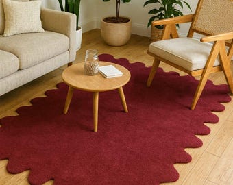 Hand Tufted Red Area Rug 5x7, Burgundy Scalloped Rug, Organic Shape Living Room Rug, Modern Boho Home Decor, Custom Size Rug