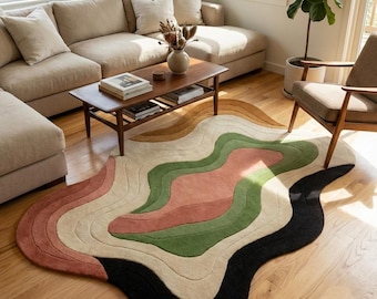 Hand Tufted Abstract Wavy Rug, Modern Organic Shape Area Rug, Green Pink Beige Black Rug, Contemporary Living Room Rug 5x8 ft