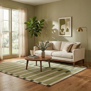 Luxury hand tufted green wool rug featuring a clean striped pattern, placed in a contemporary living room setting. This handmade area rug adds warmth and texture to interiors while maintaining a modern aesthetic. Ideal for living room, bedroom, or apartment decor, this soft wool rug is durable and easy to maintain. Offered in popular area rug sizes like 5x8 ft, 6x9 ft, and 8x10 ft, as well as custom sizes.