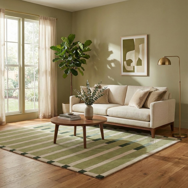 Luxury hand tufted green wool rug featuring a clean striped pattern, placed in a contemporary living room setting. This handmade area rug adds warmth and texture to interiors while maintaining a modern aesthetic. Ideal for living room, bedroom, or apartment decor, this soft wool rug is durable and easy to maintain. Offered in popular area rug sizes like 5x8 ft, 6x9 ft, and 8x10 ft, as well as custom sizes.