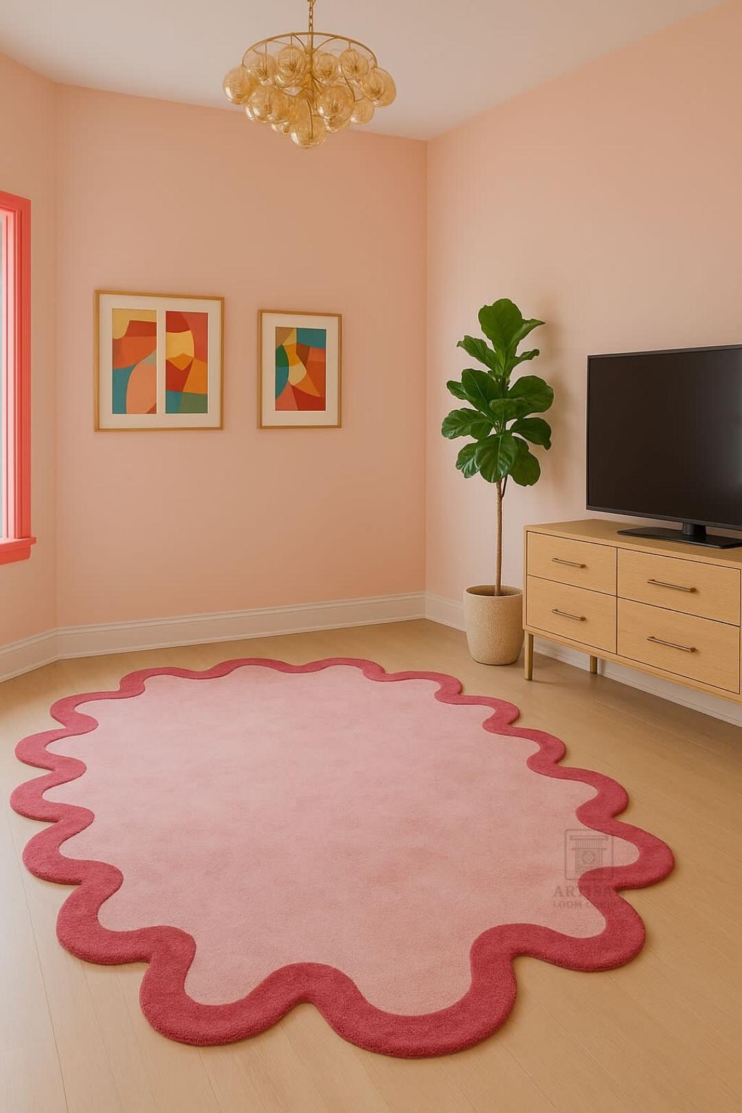 Hand-tufted Wavy Pink Rug – Soft Pastel Blob Shape Living Room Area Rug ...