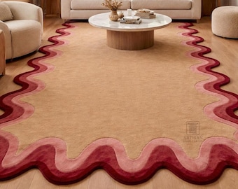 Hand Tufted Rug, Beige Wool Design with Wavy Red Border