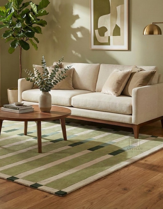 Hand Tufted Green Area Rug, Modern Geometric Rug, Sage Olive Living Room Carpet, Handmade Bedroom Rug, 5x7 6x9 8x10, wool area rug