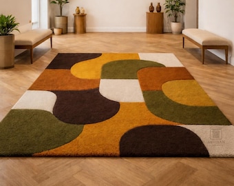Hand Tufted Abstract Rug 8x10, Modern Geometric Wool Area Rug, Mid Century Color Block Carpet, Handmade Living Room Decor