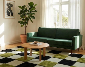 Handgetufteter Schachbrett-Teppich, grün-schwarz-elfenbeinfarbener Teppich, moderner geometrischer Teppich, 5x7, 6x9, 8x10, 9x12 Teppich, zeitgenössische Wohndekoration