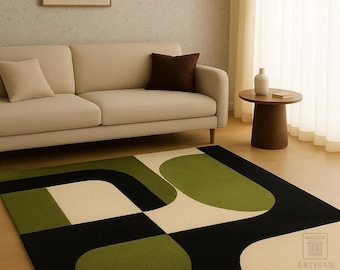 Modern Geometric Area Rug 8x10, Olive Green Black Rug, Abstract Hand Tufted Carpet, Contemporary Living Room Rug, Custom Size Rug
